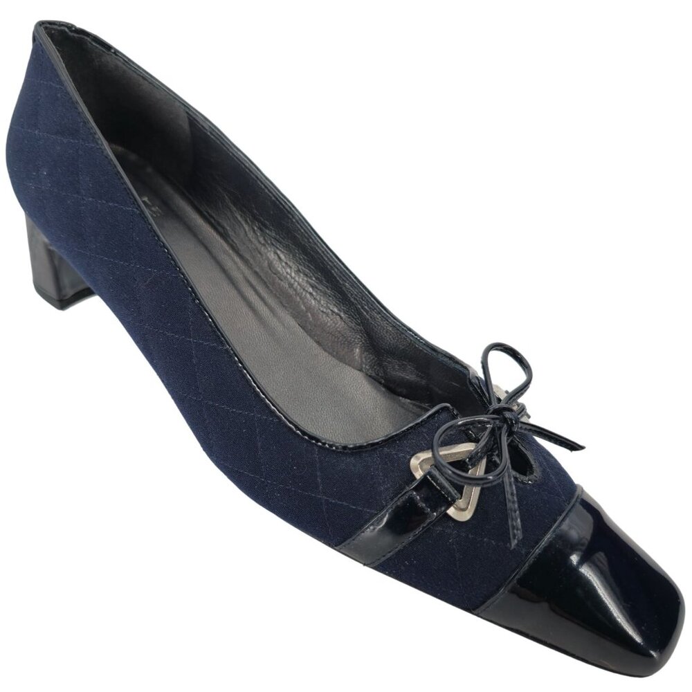Stuart Weitzman 8.5AAAA Navy Crepe Fabric Black Leather Dress Bow Heels Womens - Picture 5 of 15
